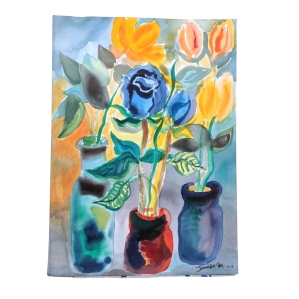 Watercolor flowers In Vase still life Original Signed Piece
